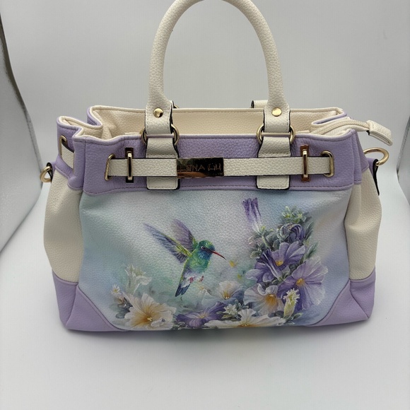 Lena Liu Handbags - Lena Liu Hummingbird Art Fashion Lavender/Cream Faux Leather Handbag